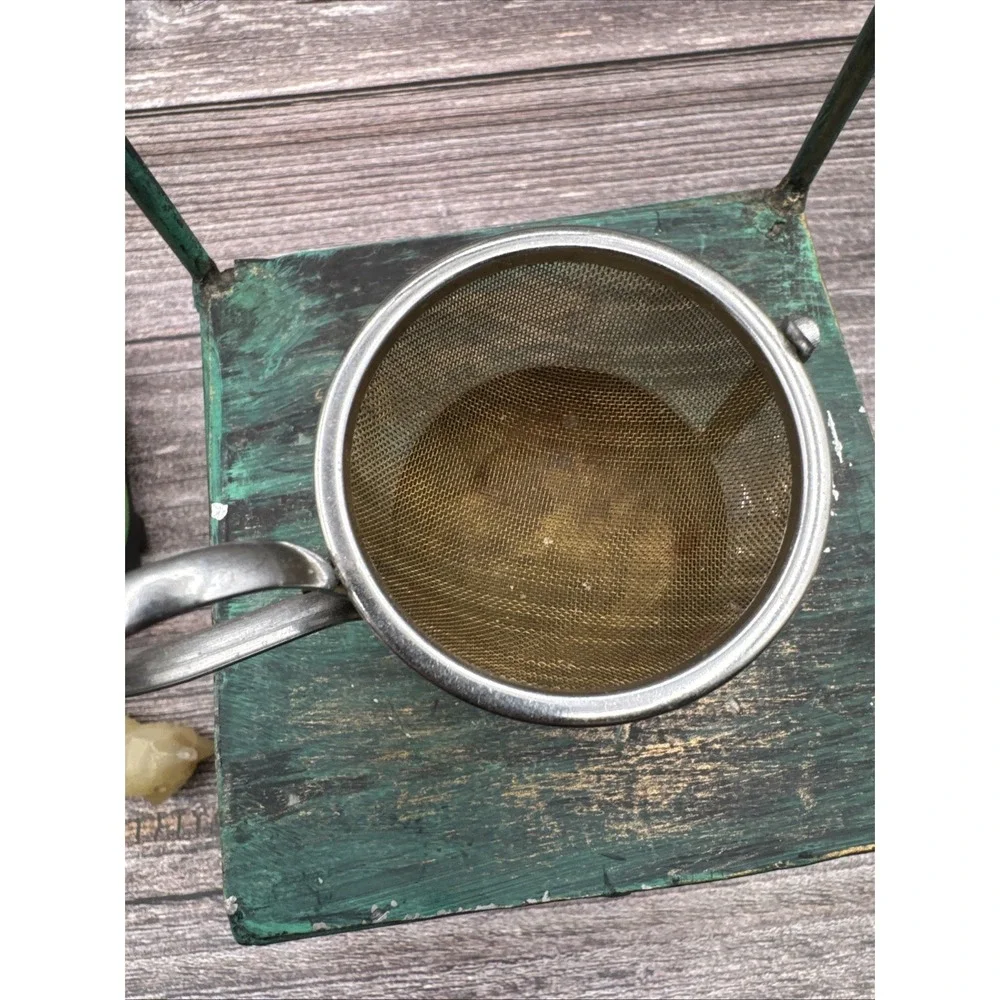 Antique German Tea Bag Mesh Swivel Strainer Silver Colored Drip Cup and Handle